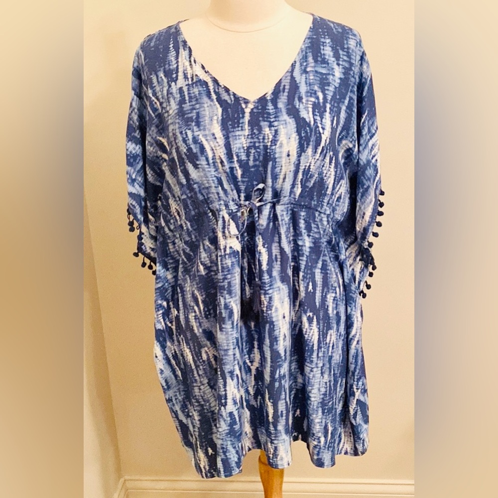 Wave Zone Blue White Tie Dye Tassel Drawstring Waist Swim Cover Up Size S/M